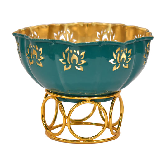 Handcrafted Metal Urli in Golden-Turquoise Shade with Elegant Lotus Design