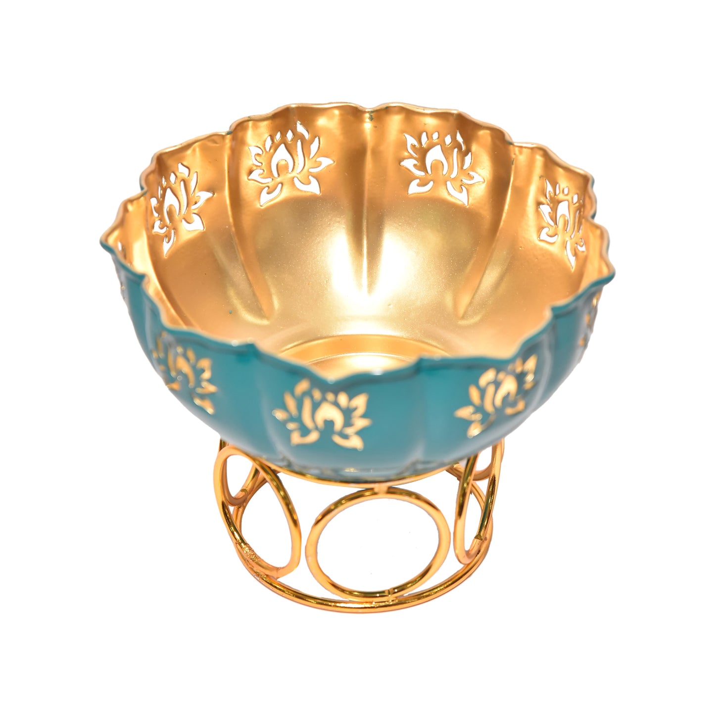 Handcrafted Metal Urli in Golden-Turquoise Shade with Elegant Lotus Design